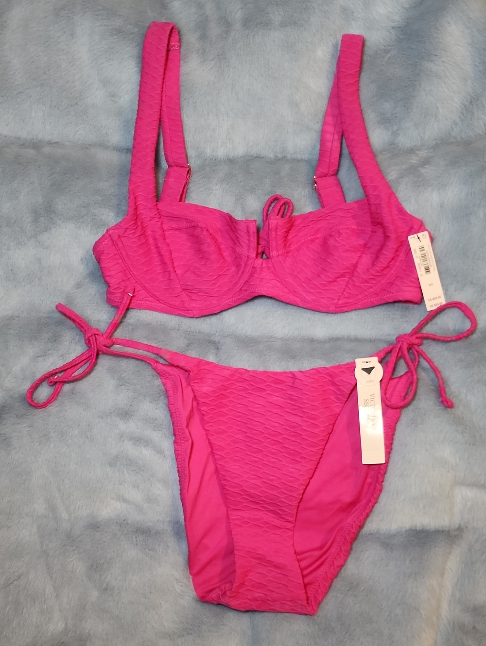 Victoria's Secret NWT Neon Pink Textured Wide Straps Tie-Side Bikini Set Size S